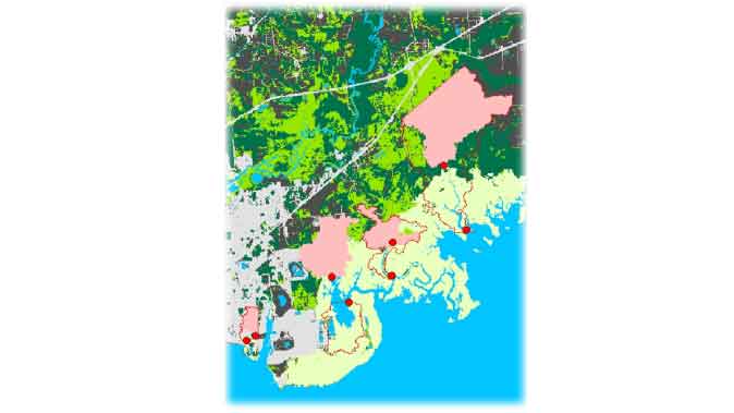 Map of Grand Bay area subwatersheds (left to right: Bayou Chico, Bangs Lake, Bayou Cumbest, Bayou Heron, Courtesy of Wei Wu, USM/GCRL)