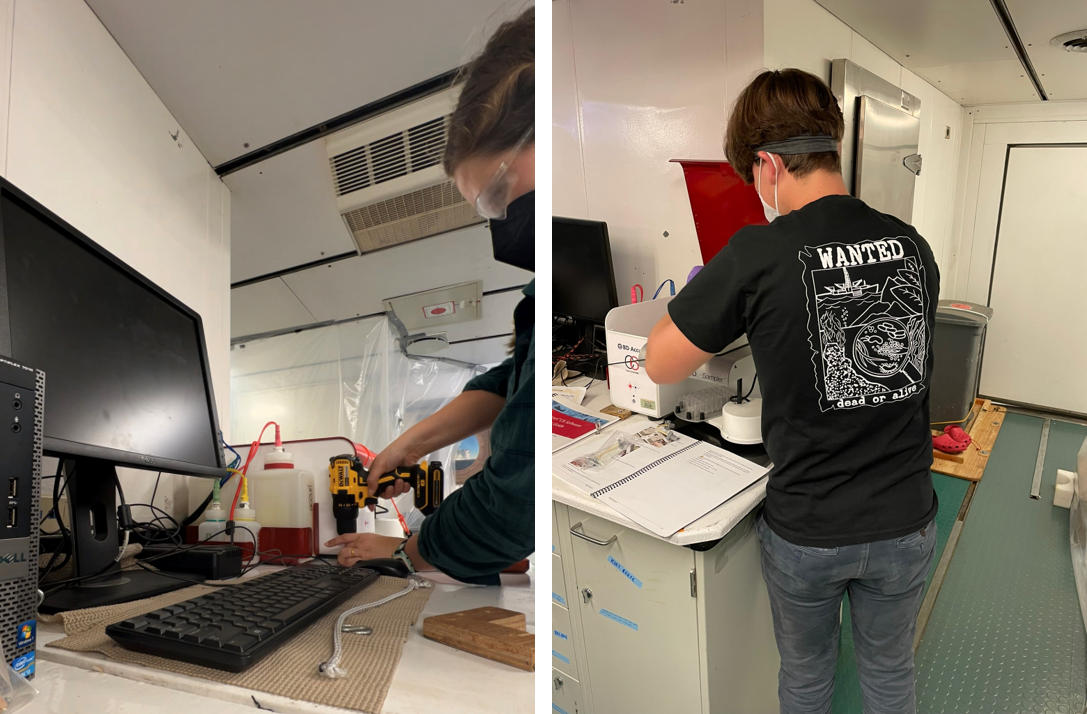 a) Rachel Weisend bolting down a cell sorter, b) Caleb Boyd setting up the instrument and running a quality check to ensure it is working properly.