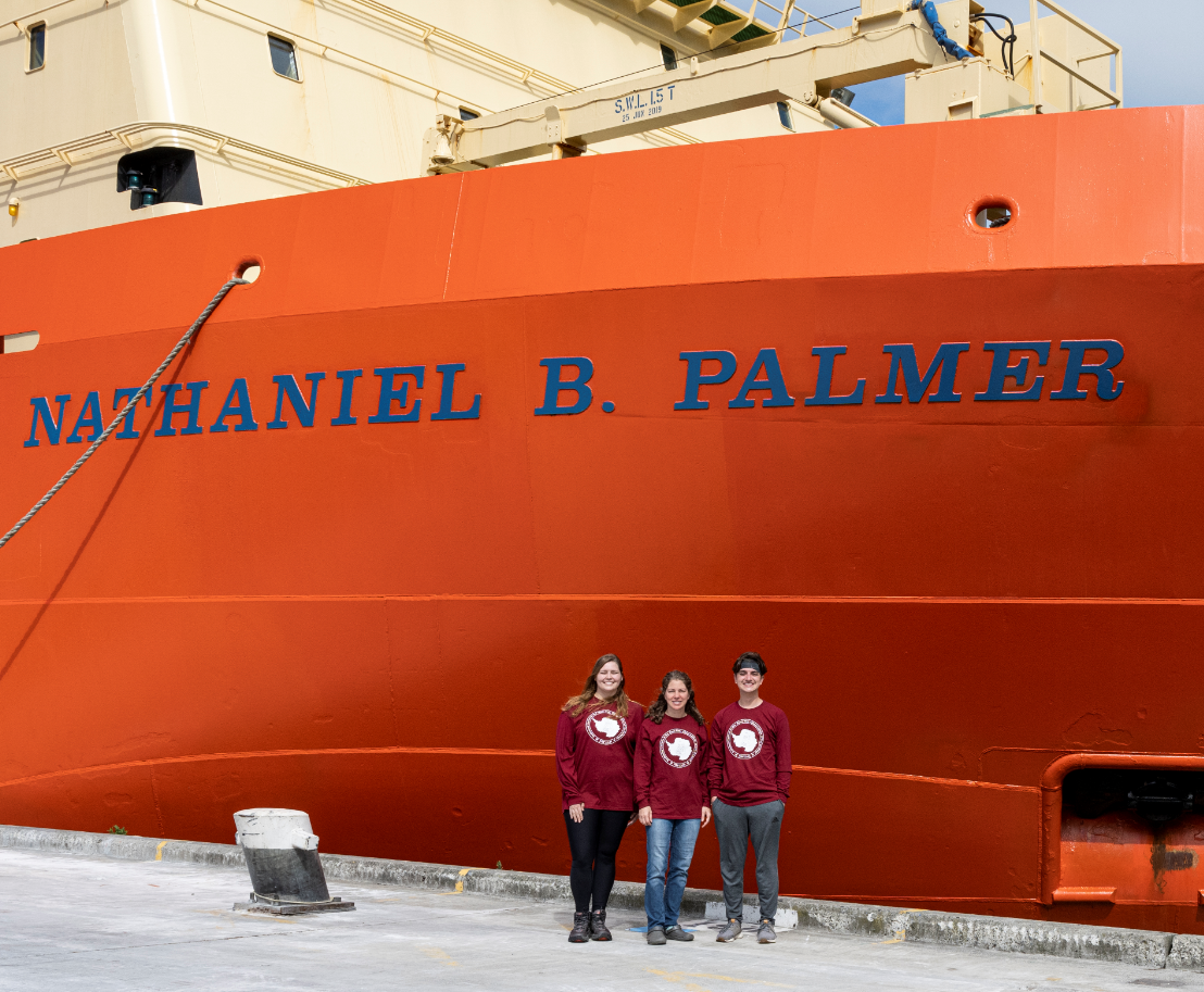 The Kiel Reese Geomicrobiology Group in front of the R/V Nathaniel B. Palmer (Rachel Weisend, Dr. Brandi Kiel Reese, Caleb Boyd).