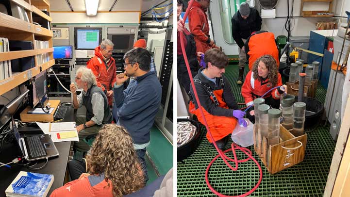 Watching the CTD operations and recording sample depths. B) Caleb Boyd and Dr. Brandi Kiel Reese selecting sediment cores for subsectioning