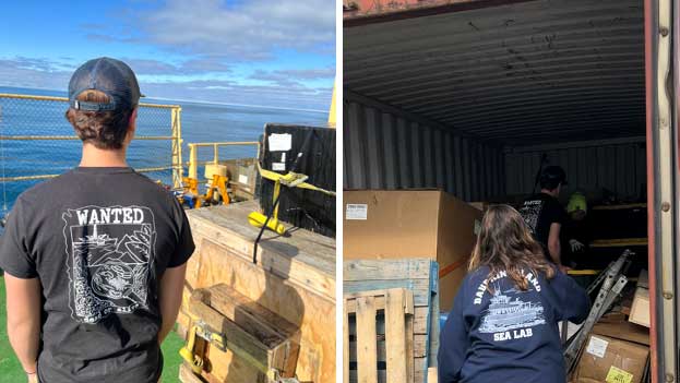 Scenes from packing up our supplies for the next cruise featuring our Lab shirt!