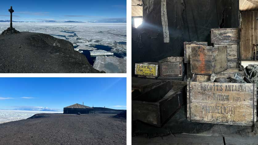 George Vince’s Cross, Discovery Hut, and leftover supplies from Robert Scott’s final Antarctic expedition