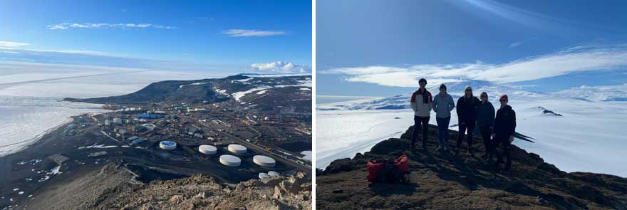 A) View of McMurdo Station from Observation Hill, B) Some of our team at Castle Rock