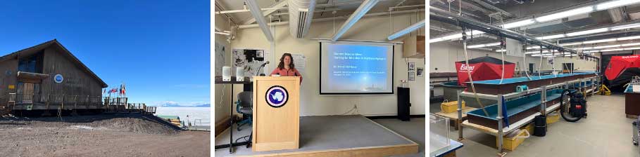 NSF McMurdo headquarters, Dr. Brandi Kiel Reese presenting at Science Night, and lab within the Crary Building