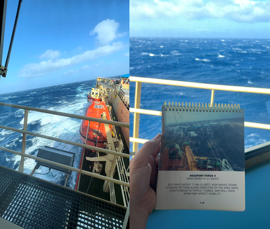 A) A view of our sea conditions from the bridge and B) an explanation of the rough seas we are experiencing