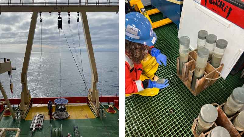 A) Multicore ready to be deployed to sample sediment. B) Dr. Brandi Kiel Reese investigating the retrieved sediment cores.