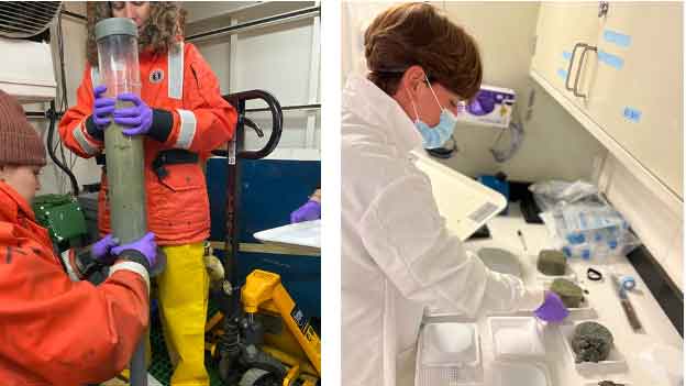 A) Dr. Brandi Kiel Reese and Rachel Weisend preparing to section the sediment core by placing it on the extruder, B) Caleb Boyd with sectioned sediment prepping for cell counts and preservation.
