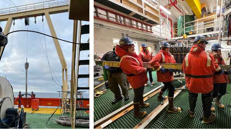 A) 3 meter Kasten core being lowered onto the deck, B) Rachel Weisend and Alyssa Cotton (University of West Florida) helping carry the Kasten core into the lab.