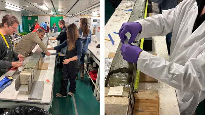 A) Dr. Phillip Bart (Louisiana State University), Dr. Lindsey Prothro Kaple (Texas A&amp;M University – Corpus Christi) and their teams prepping the Kasten core, B) Caleb Boyd taking a sediment sample from the Kasten core.