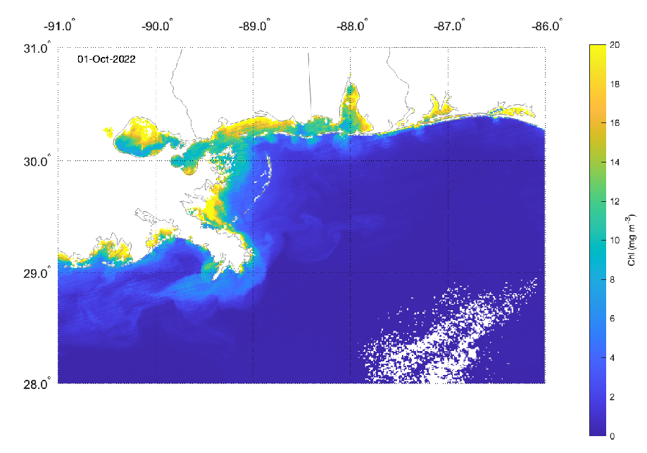 Satellite-derived phytoplankton biomass measured as chlorophyll (Chl) from the NASA VIIRS instrument. High concentrations are observed in the coastal region and are the basis for the high productivity in this region named as the ‘fertile crescent’ due it its fisheries productivity.  Note the large river plumes off the Mississippi River birdsfoot delta and the other smaller river systems in the northern Gulf. The VIIRS satellite provides global scale data on a daily basis.